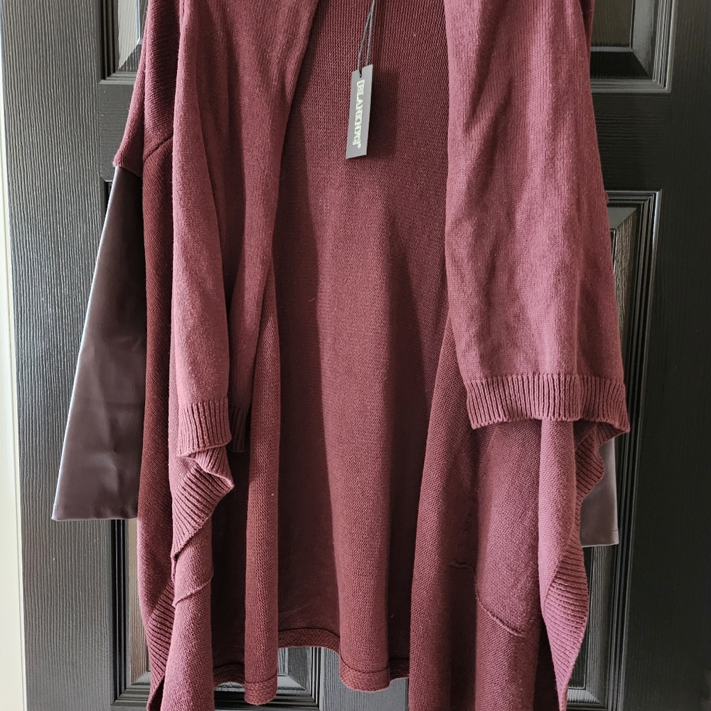 Burgundy Knit & Faux Leather Sleeve Open Front Cardigan - Small NWT - Picture 2 of 10